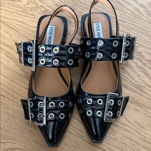 Steve Madden Black Patent Flats with Silver Buckles